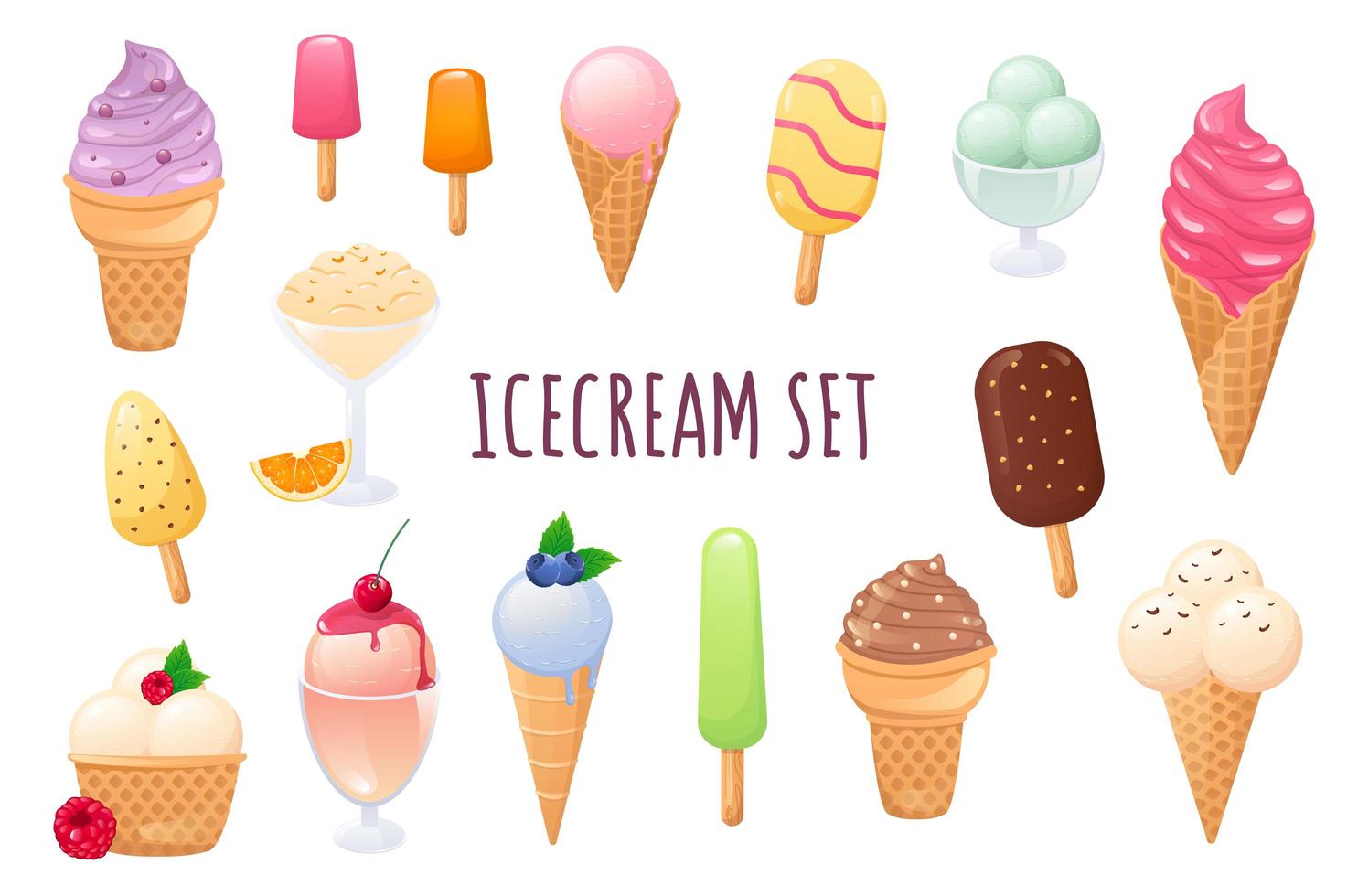 Ice cream icon set in realistic 3d design. Bundle of different types of summer desserts, with berries, topping and other. Delicious menu collection. Vector illustration isolated on white background