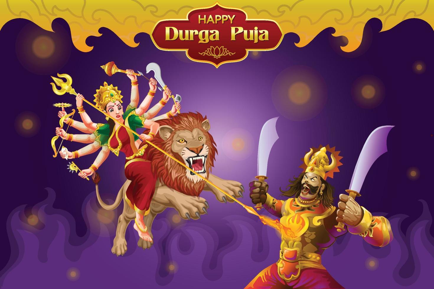 Durga Puja greetings with goddess attacking the Giant vector