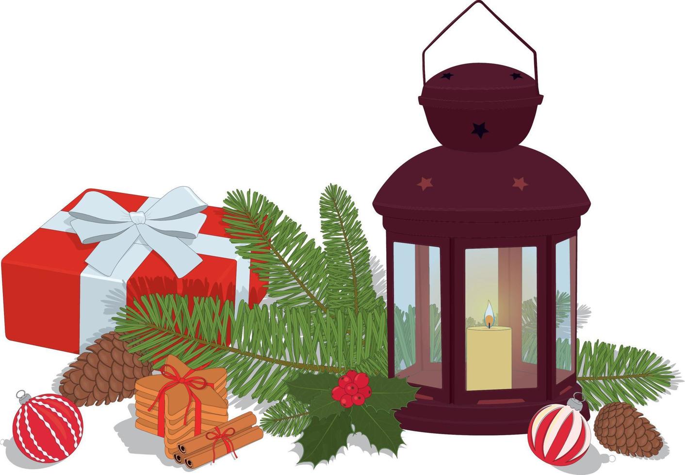 Christmas and new year decorations selection with vintage lantern vector illustration