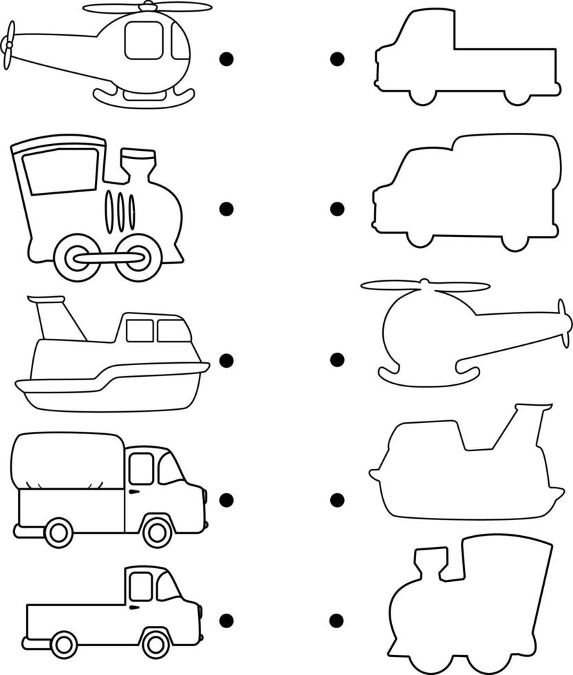 Haga coincidir cada imagen de transporte para encontrar su sombra correcta. educación infantil, juego preescolar stock vector