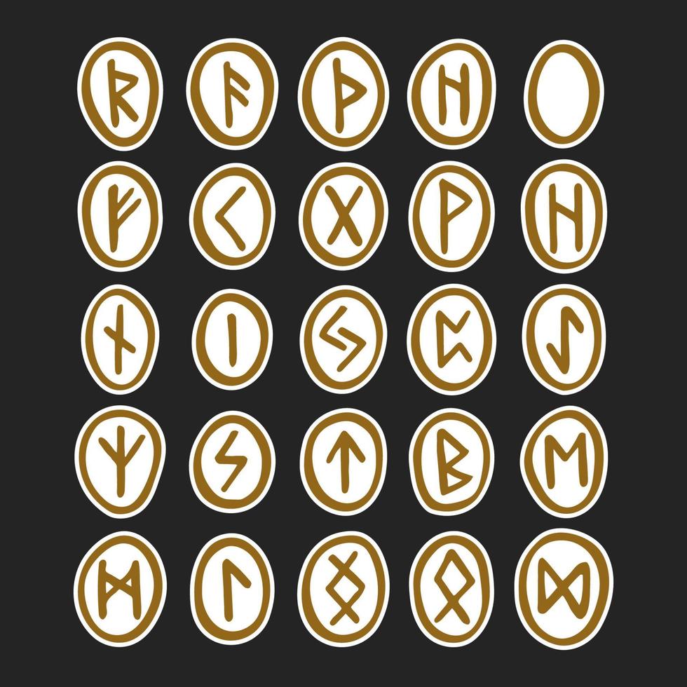 Scandinavian magic runes Fortune teller prediction Witchcraft tool Golden coloured  ink illustration set of elements Isolated on dark background vector