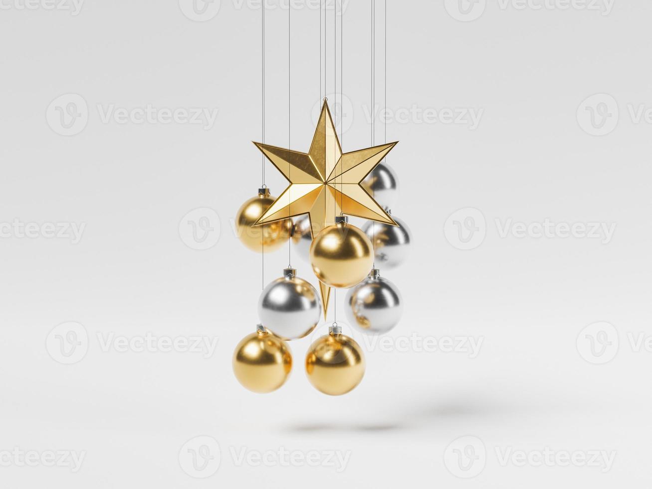 bolas de navidad colgando con una estrella sobre fondo blanco. foto