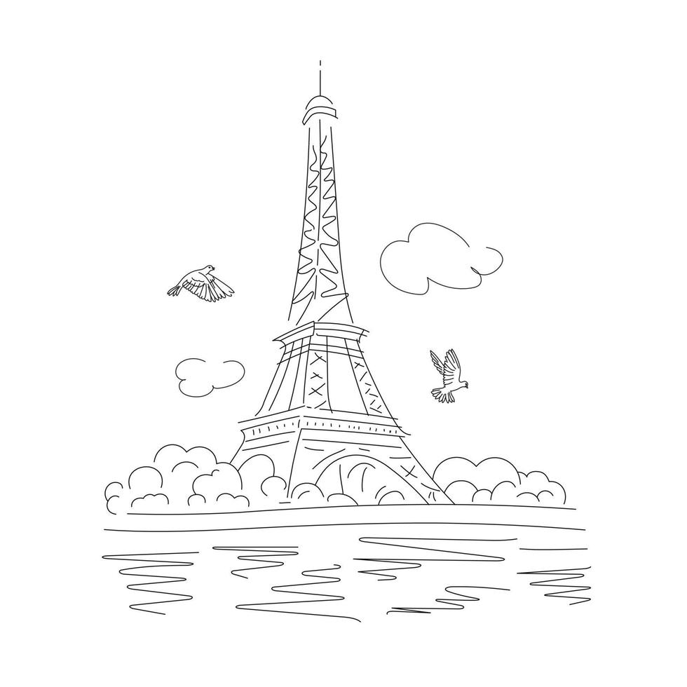 Torre Eiffel con árboles en la orilla del río y palomas voladoras. hito de parís. vector ilustración lineal