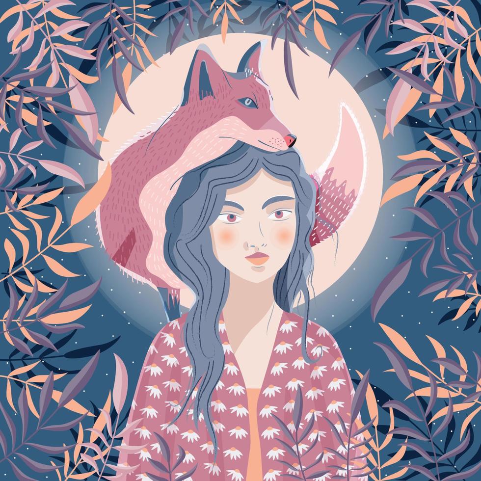 Portrait of a woman and a fox on her shoulder. Night scene with moon and stars. Wild animal and girl in nature. Colorful hand drawn vector illustration.