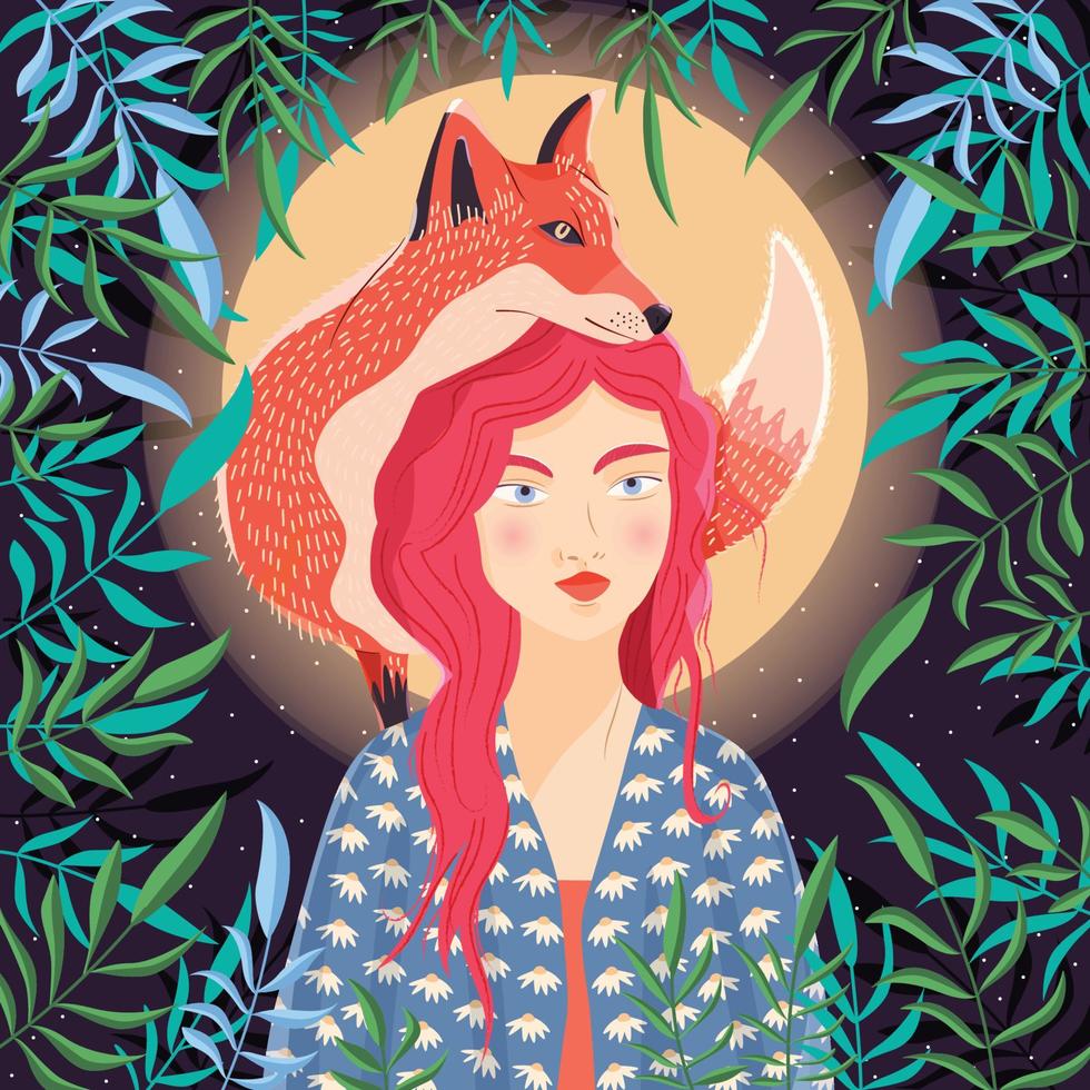 Portrait of a woman and a red fox on her shoulder. Night scene with moon and stars. Wild animal and girl in nature. Colorful hand drawn vector illustration.