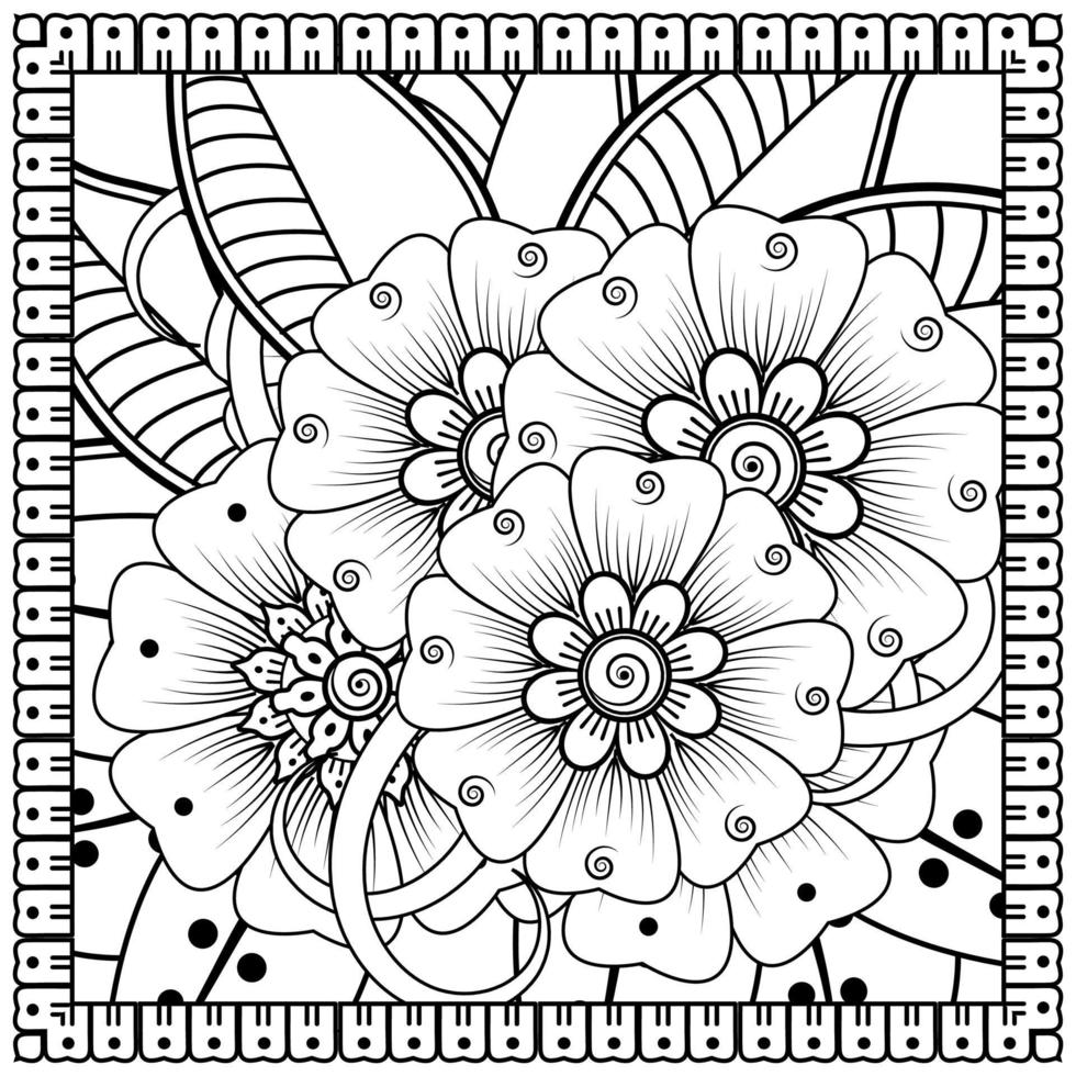 Outline square flower pattern in mehndi style for coloring book page vector