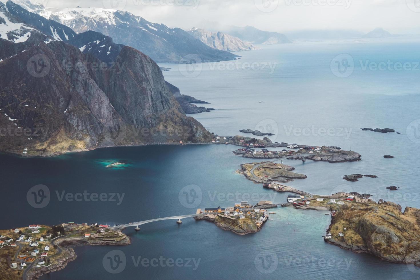 Scenic landscape of Lofoten islands - peaks, lakes, houses photo