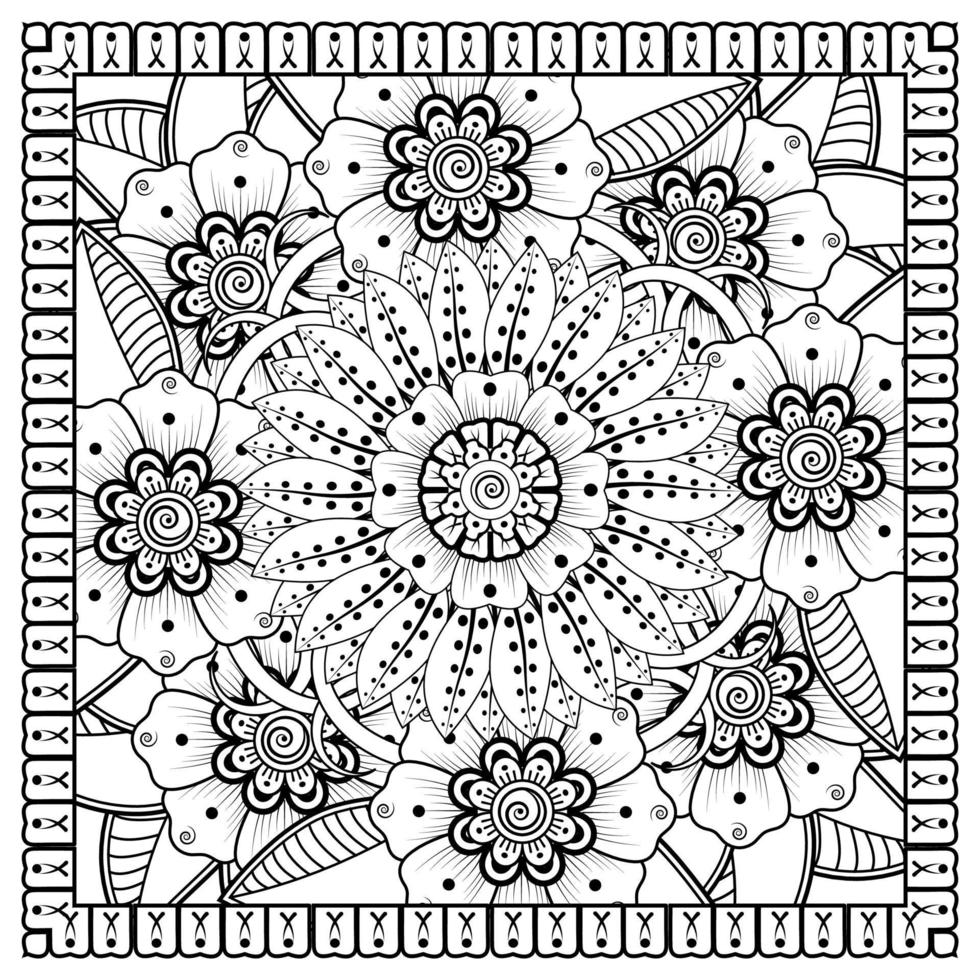 Outline square flower pattern in mehndi style for coloring book page vector