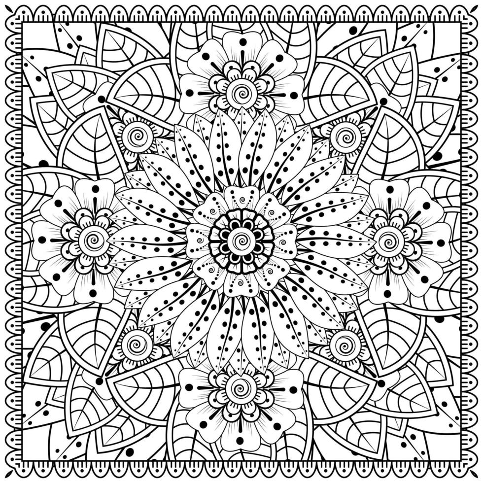 Outline square flower pattern in mehndi style for coloring book page vector