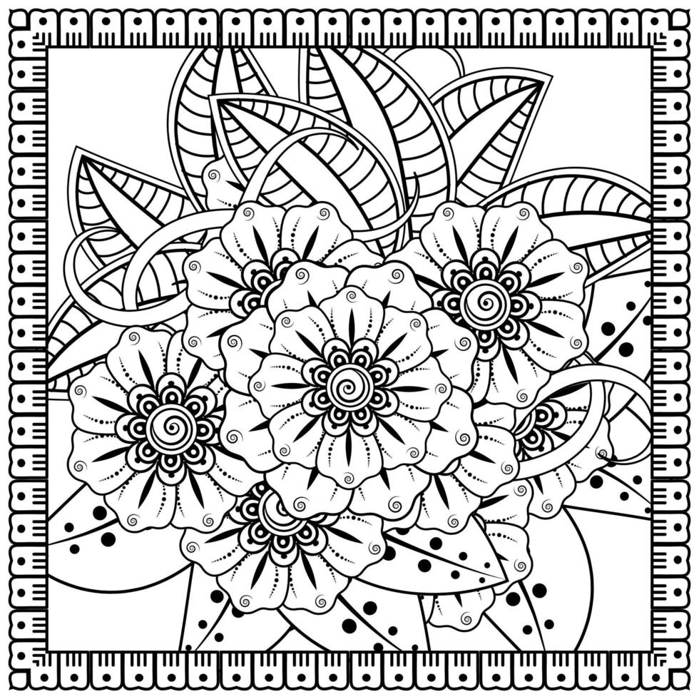 Esquema de patrón de flores cuadradas en estilo mehndi para colorear la página del libro vector