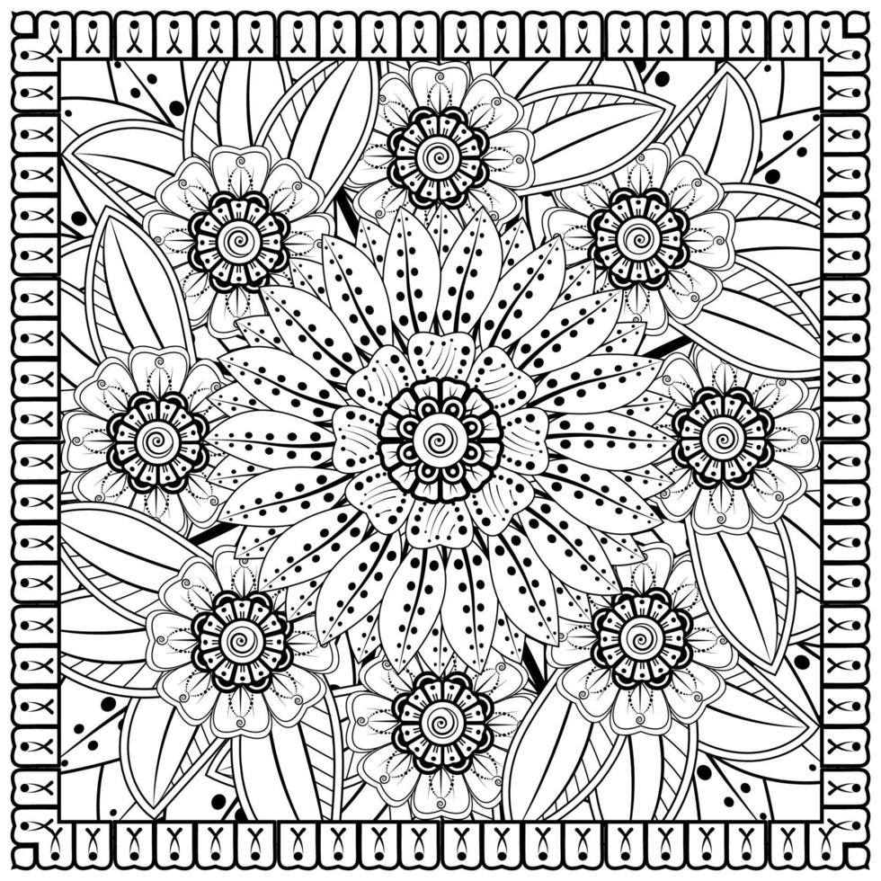 Outline square flower pattern in mehndi style for coloring book page vector