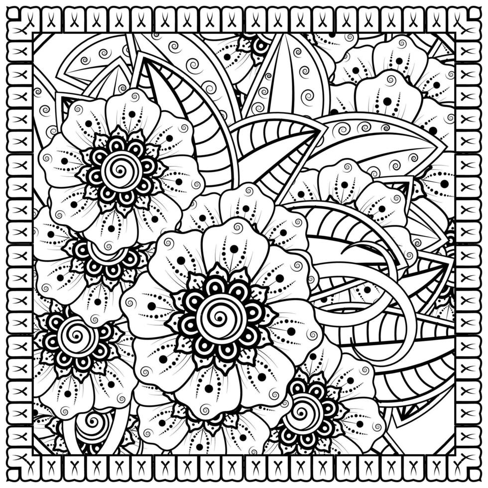 Esquema de patrón de flores cuadradas en estilo mehndi para colorear la página del libro vector