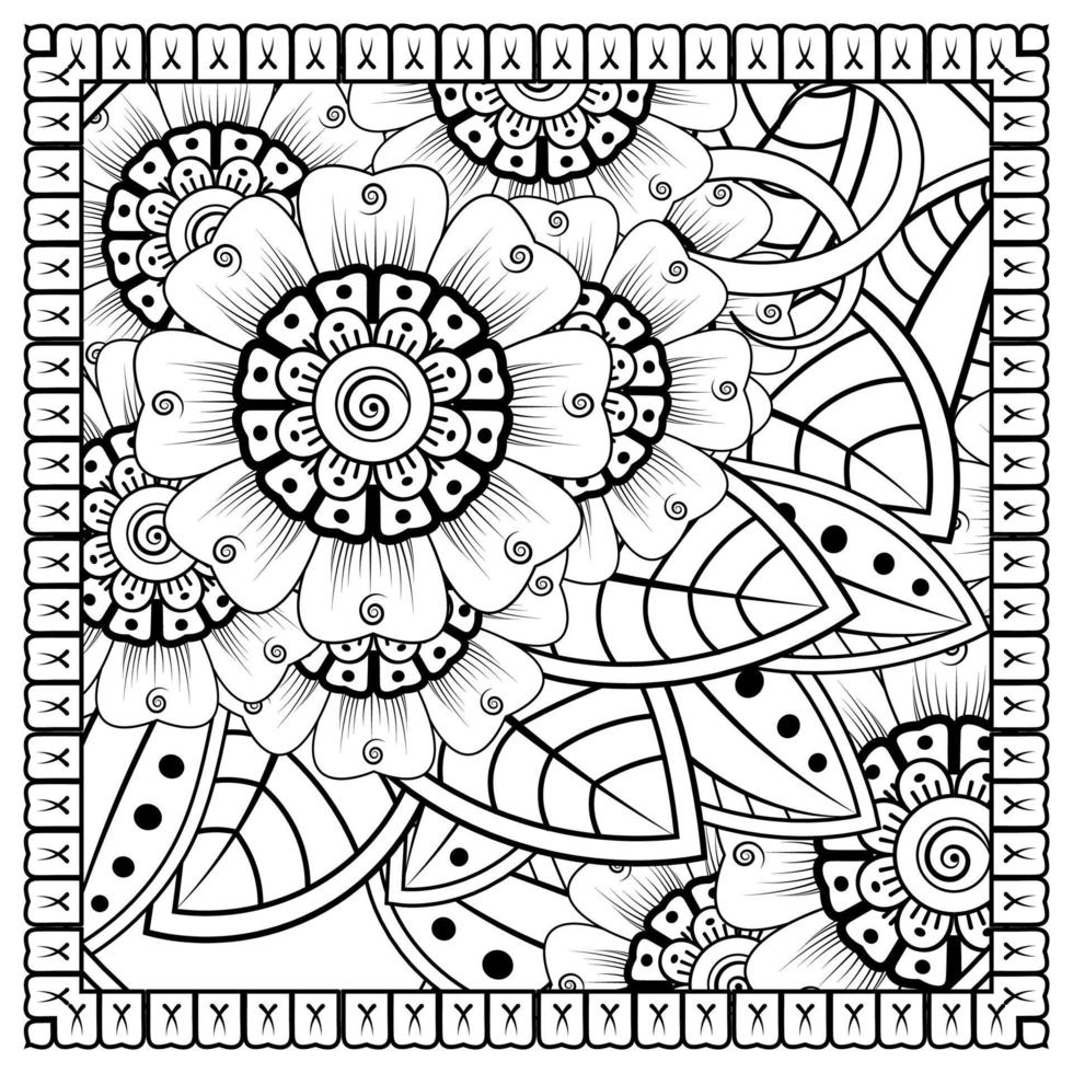 Outline square flower pattern in mehndi style for coloring book page vector