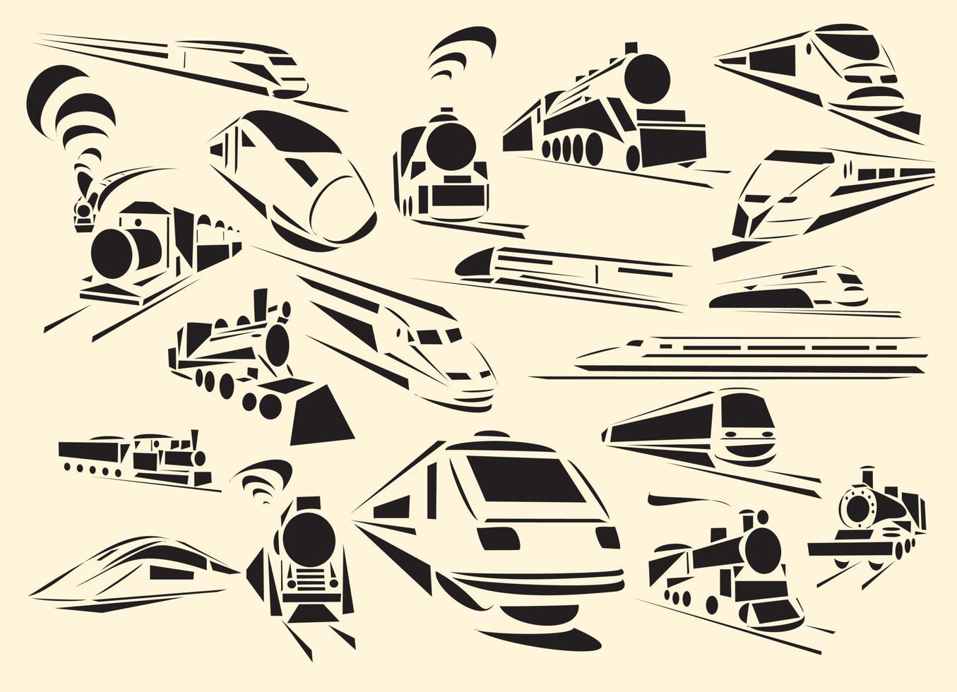 Twenty line-art vector illustrations of trains