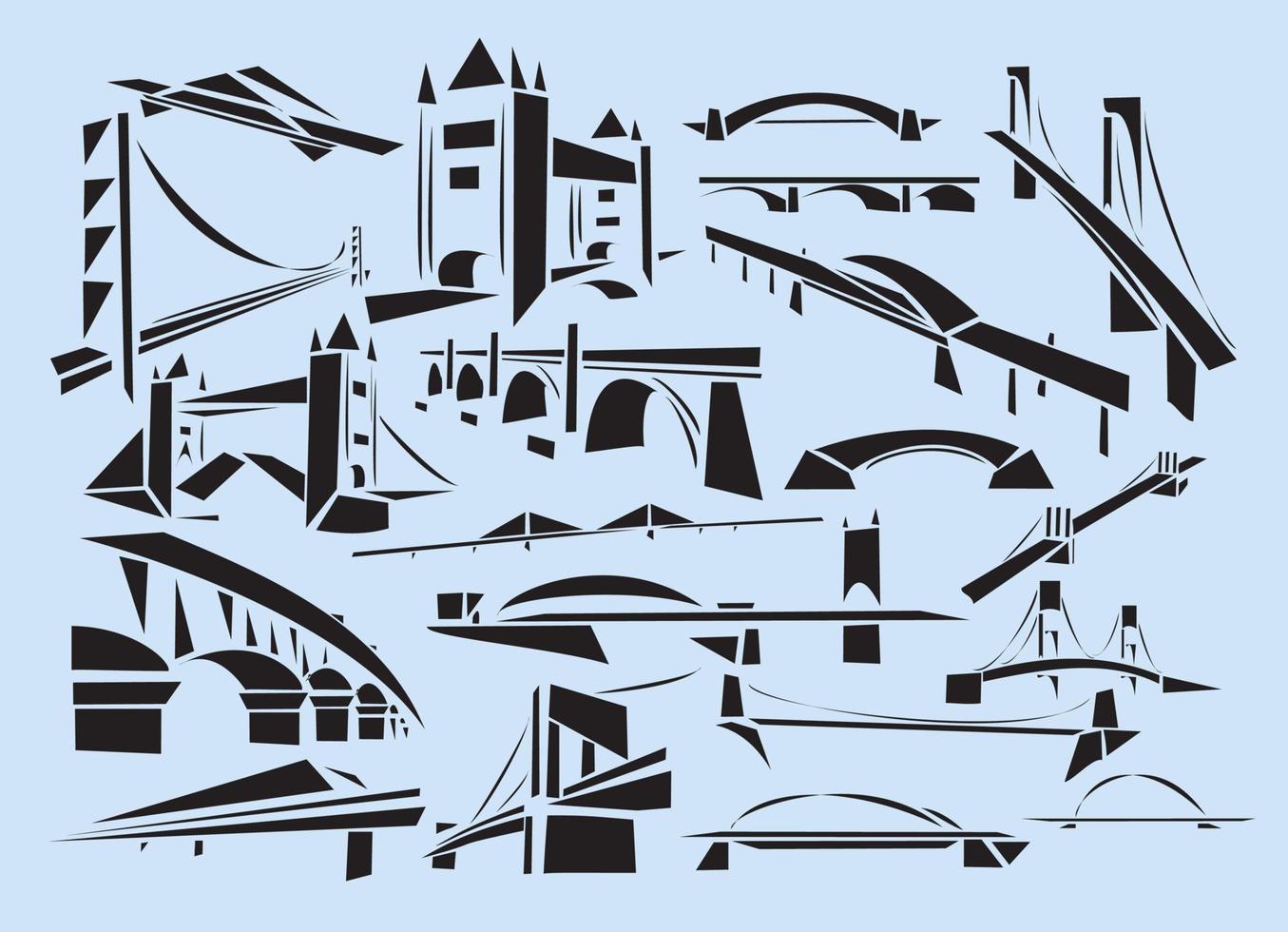 Twenty line-art vector illustrations of bridges