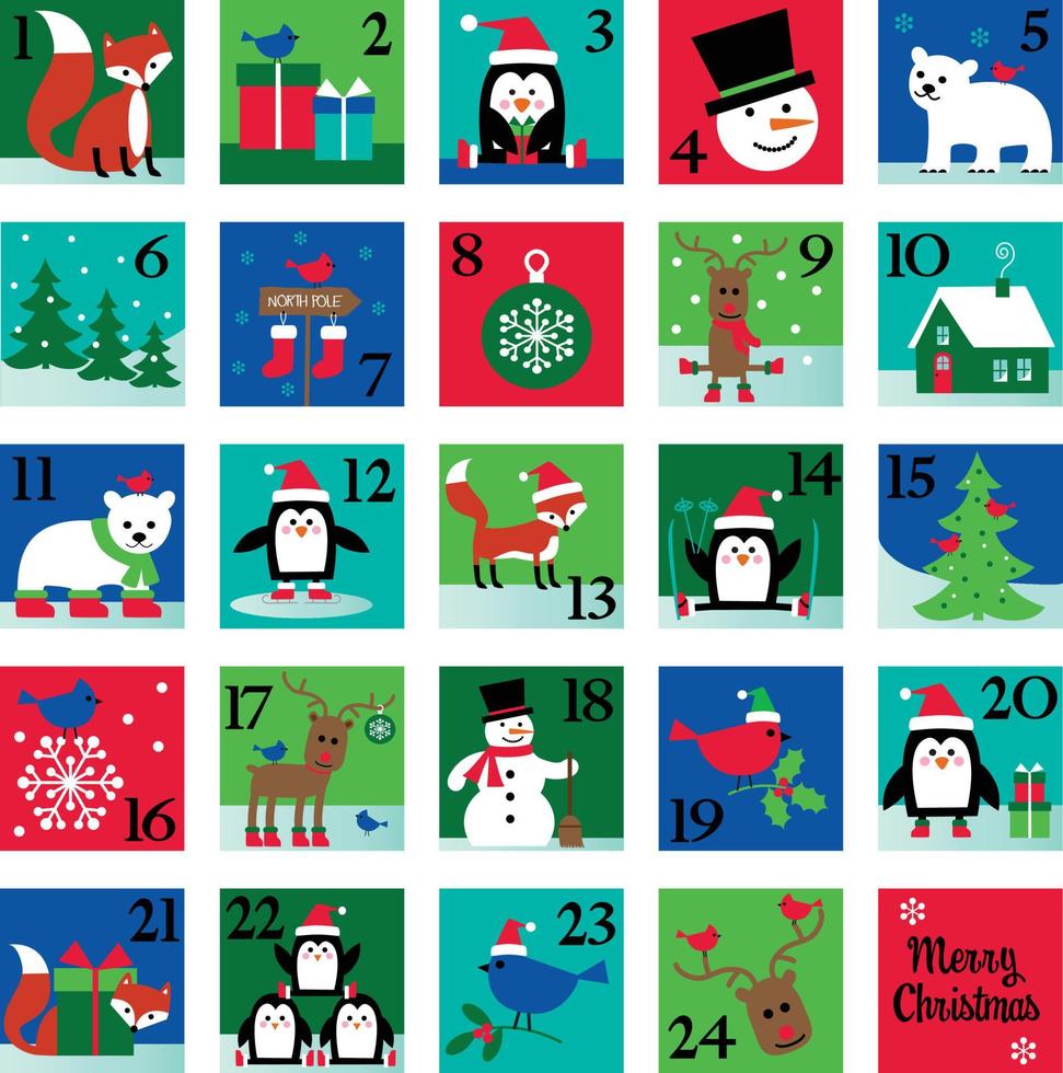 Christmas Advent Calendar with Penguin, Fox, Polar Bears vector