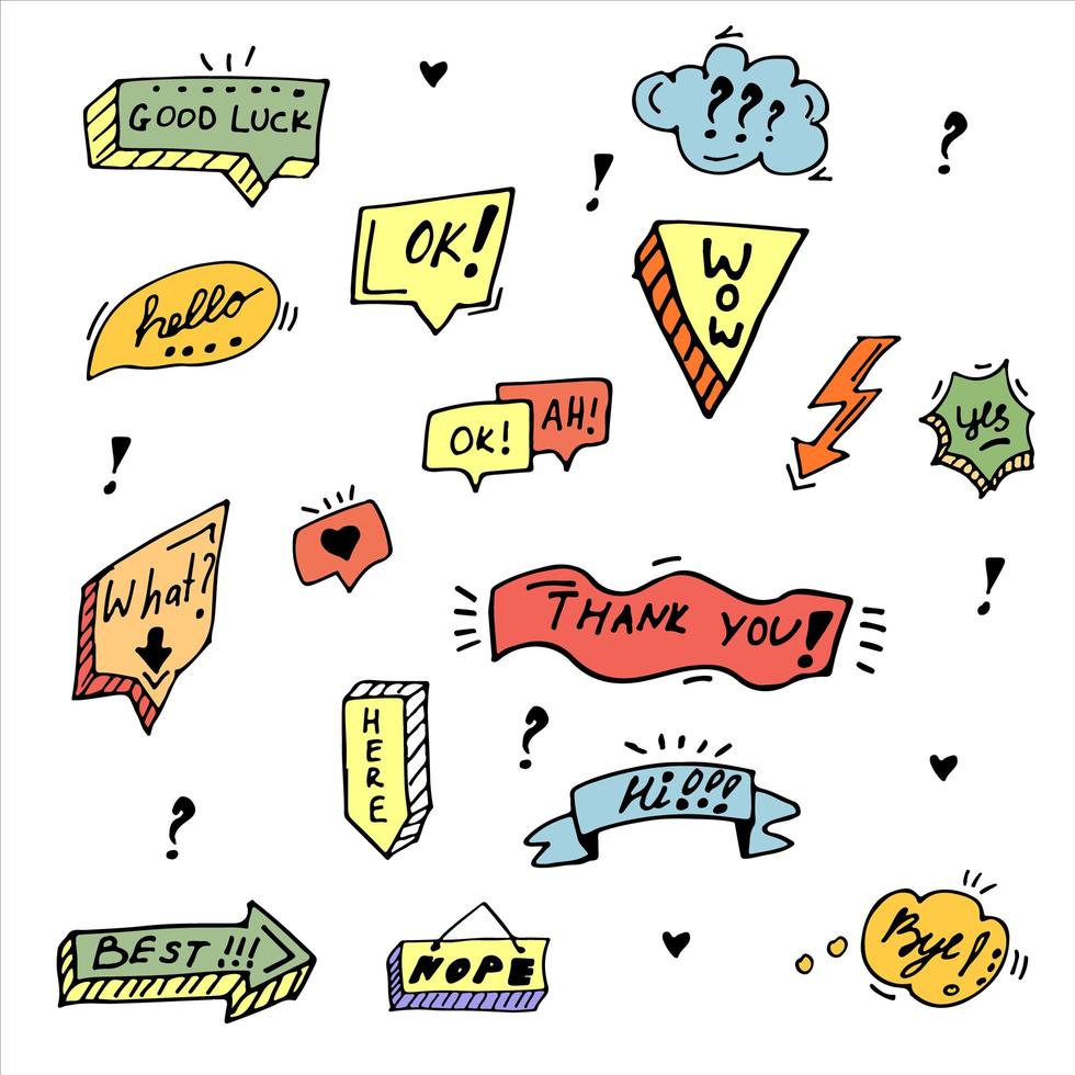 Vector hand drawn stickers with text.