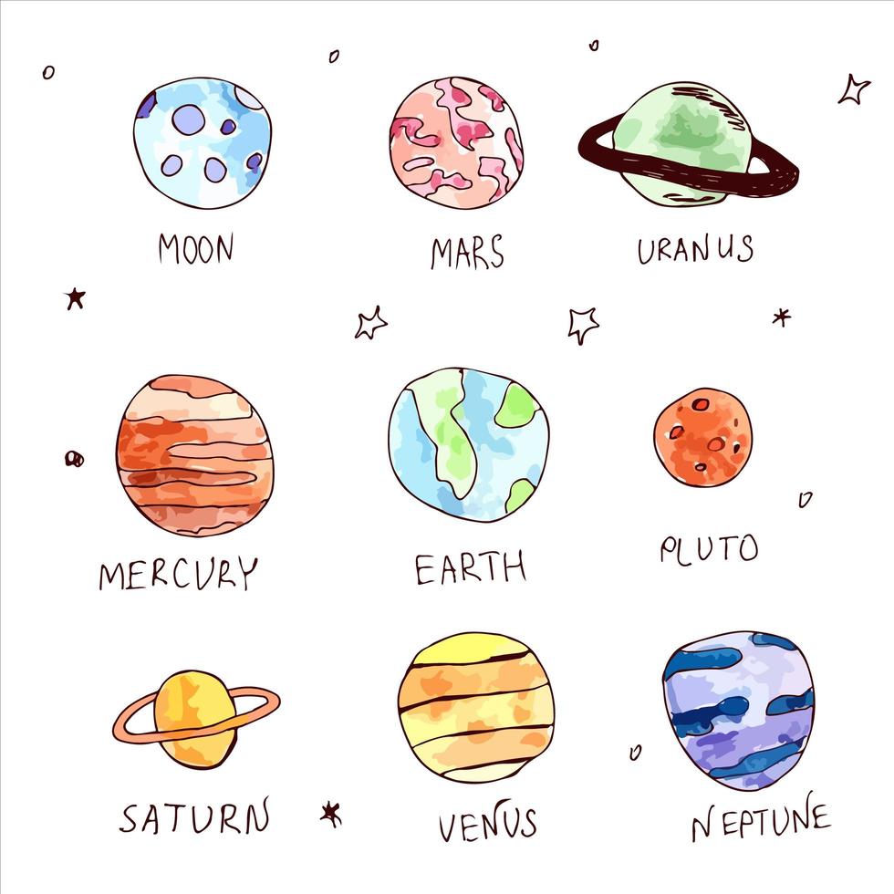 Vector hand drawn watercolor planets collection. Drawings. Hand drawn galaxy stickers.