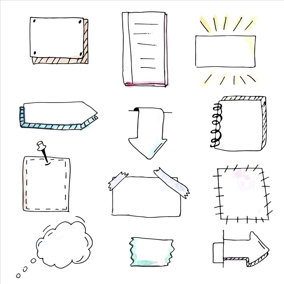 Vector set of colorful paper sheets, notes or reminders. Hand drawn stickers collection