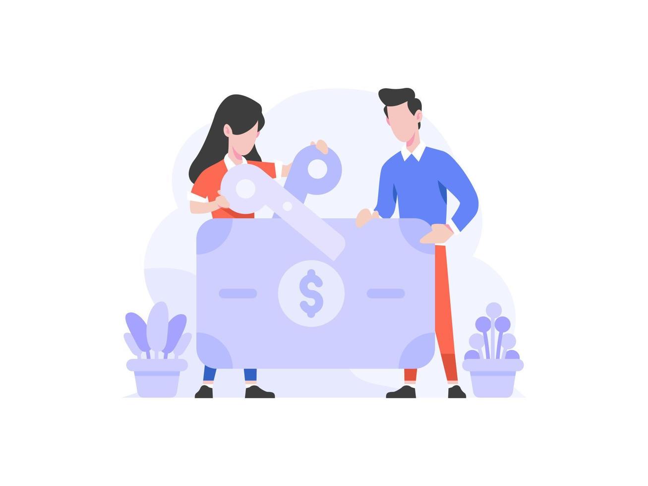 Vector Illustration business finance man and women doing taxes tax cut money scissor people character flat design style