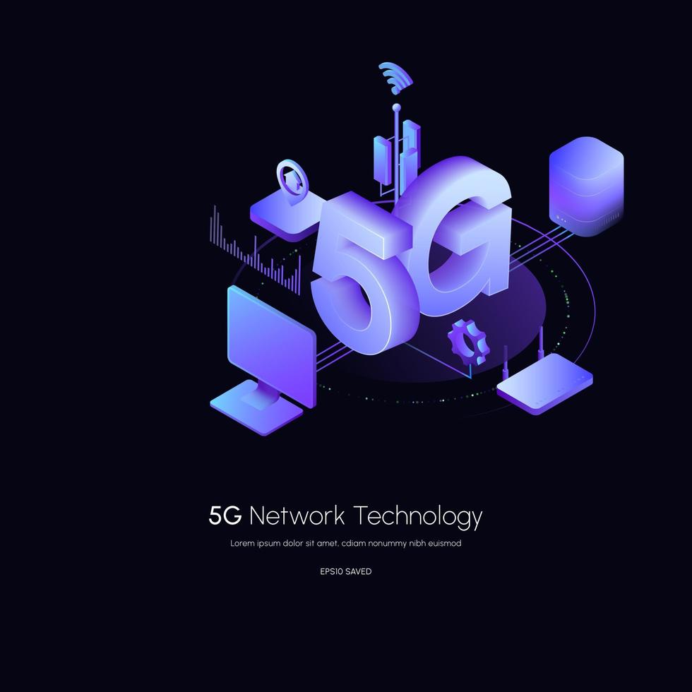 Ilustración de vector de tecnología inalámbrica de red 5g. Smartphone isométrico de 5g. Usando dispositivos digitales modernos.