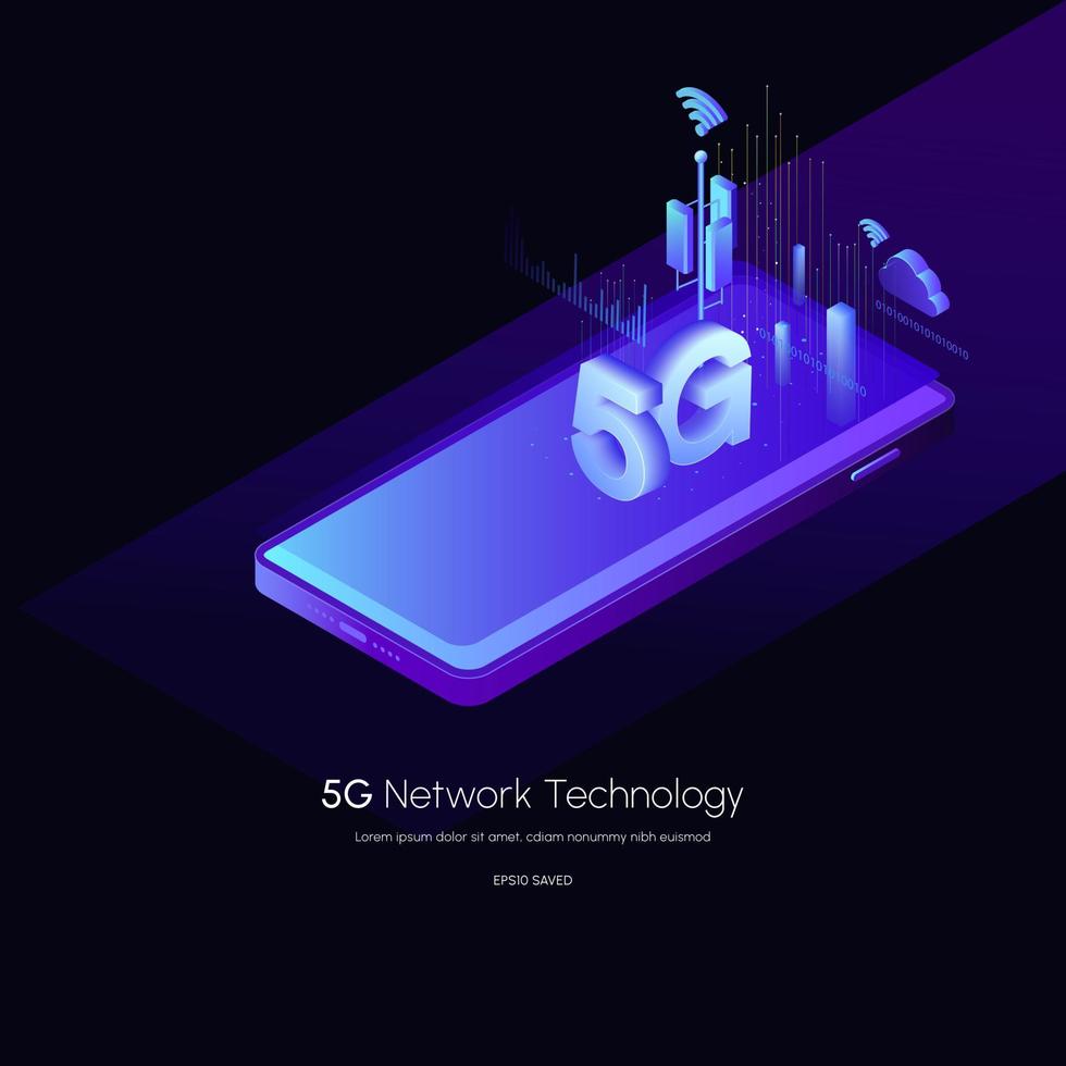 5G network wireless technology vector illustration.5g isometric smartphone.Using modern digital devices.