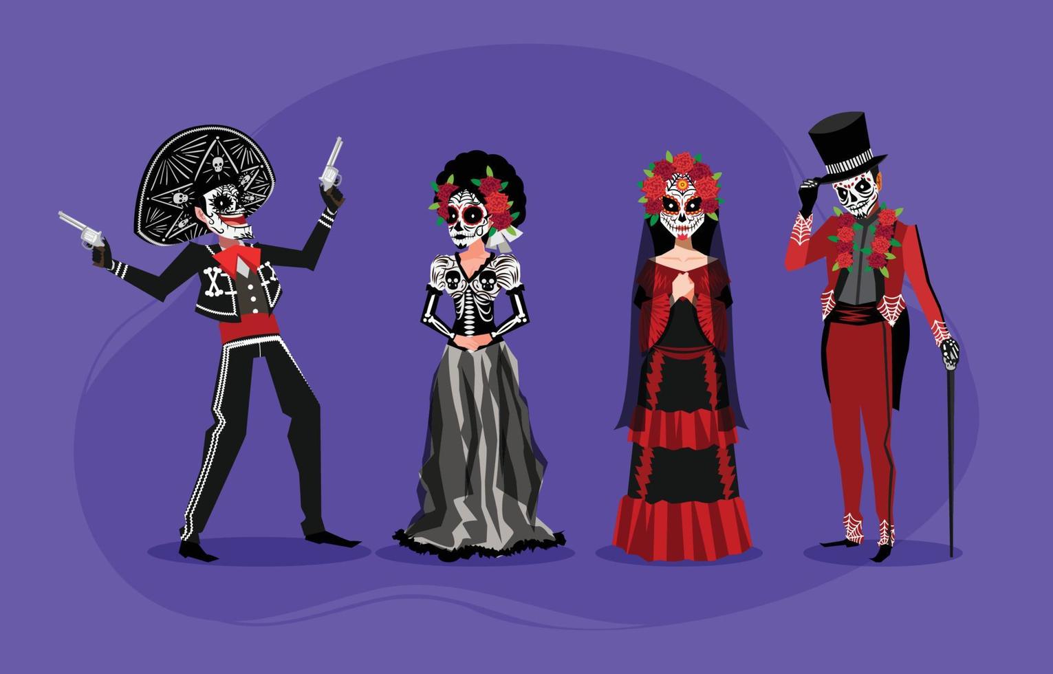 paquete de personajes de la fiesta de disfraces de dia de los muertos vector