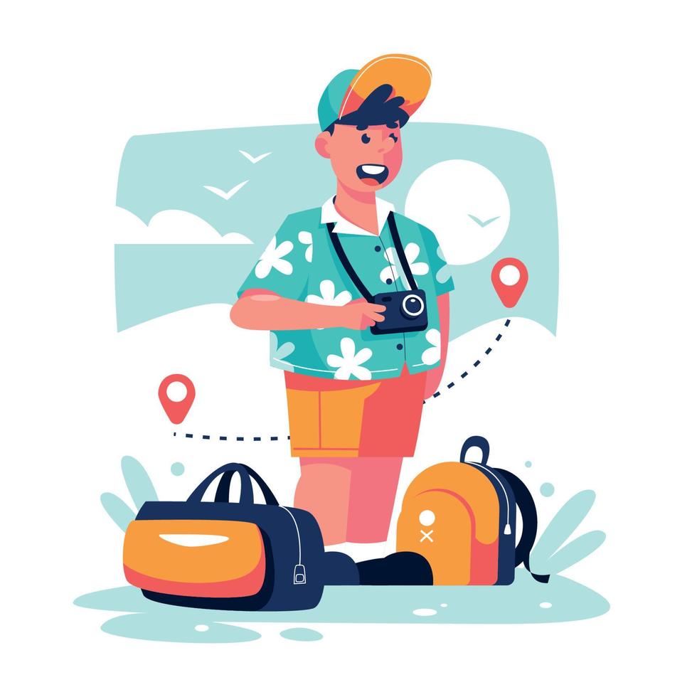 turista feliz viajando de vacaciones vector