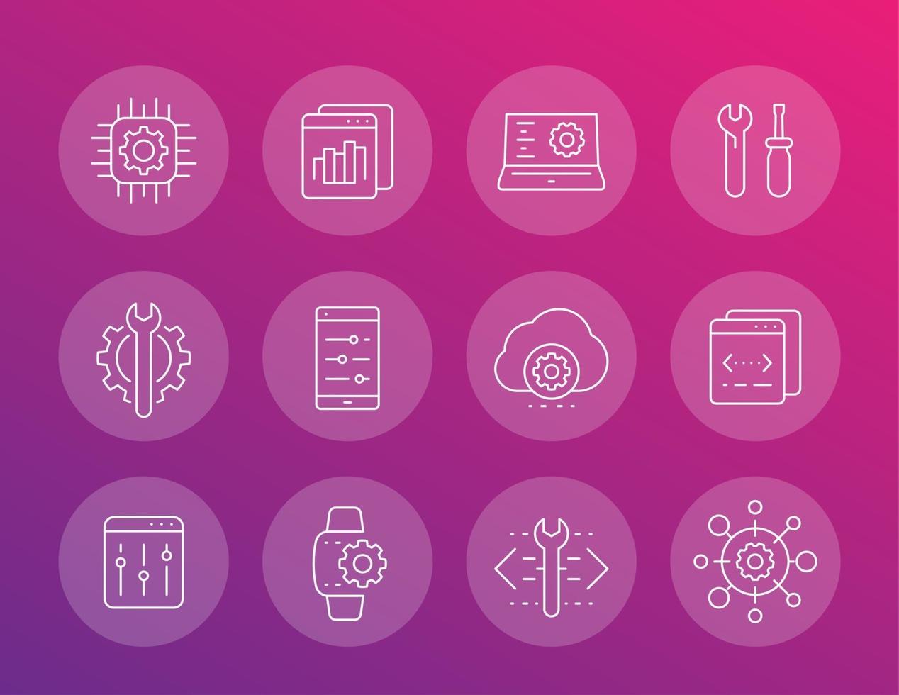 desarrollo, servicio de configuración, ingeniería, conjunto de iconos de configuración, lineal vector