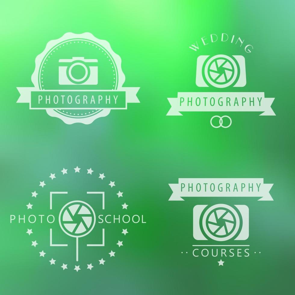 photography, courses, photo school, photographer logo, emblems, signs on green blur background vector