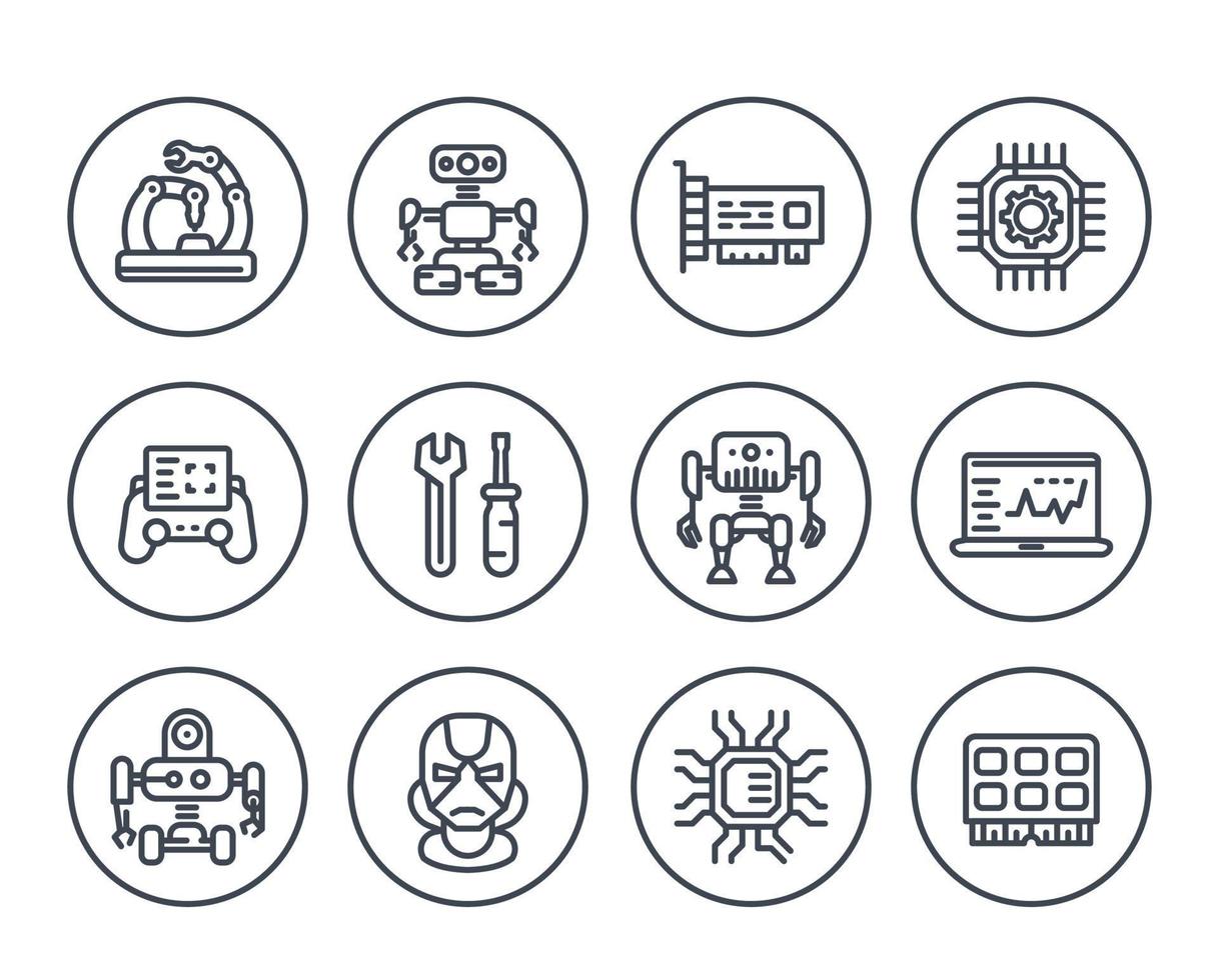 Robotics, mechanical engineering, robots, microelectronics line icons on white vector