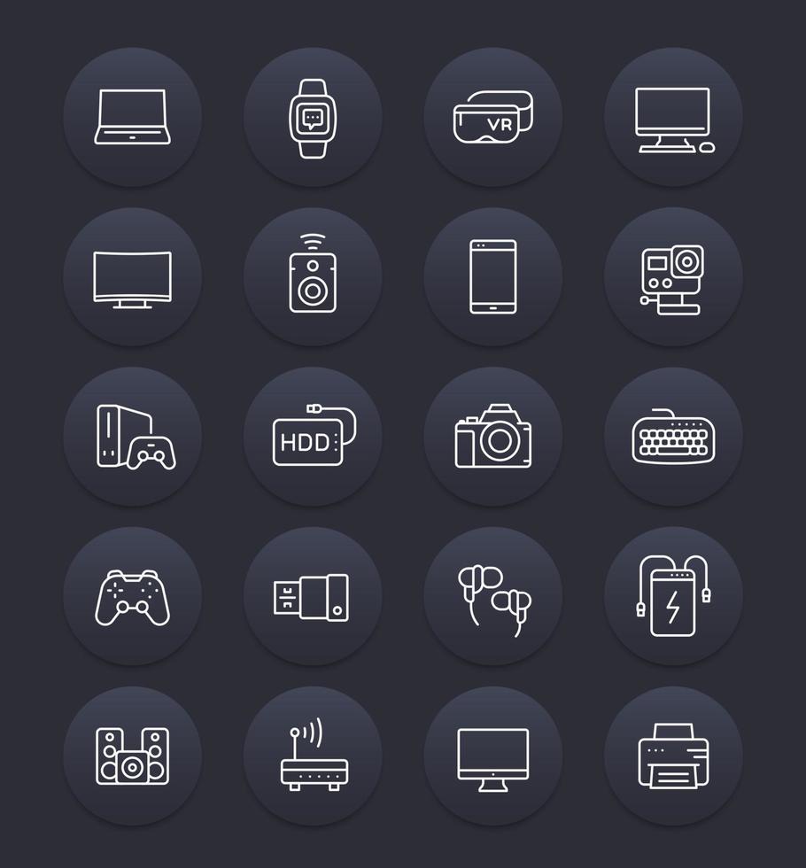 gadgets, modern devices linear icons set, pc, laptop, power bank, smart watch, external hard drive, mirrorless camera, vr headset, wireless speaker, curved display, game console and gamepad vector