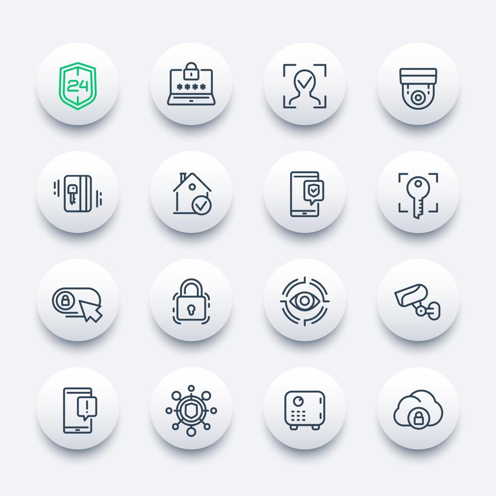 Security line icons set, biometric screening, face recognition, video surveillance, secure server and cyber security solutions vector