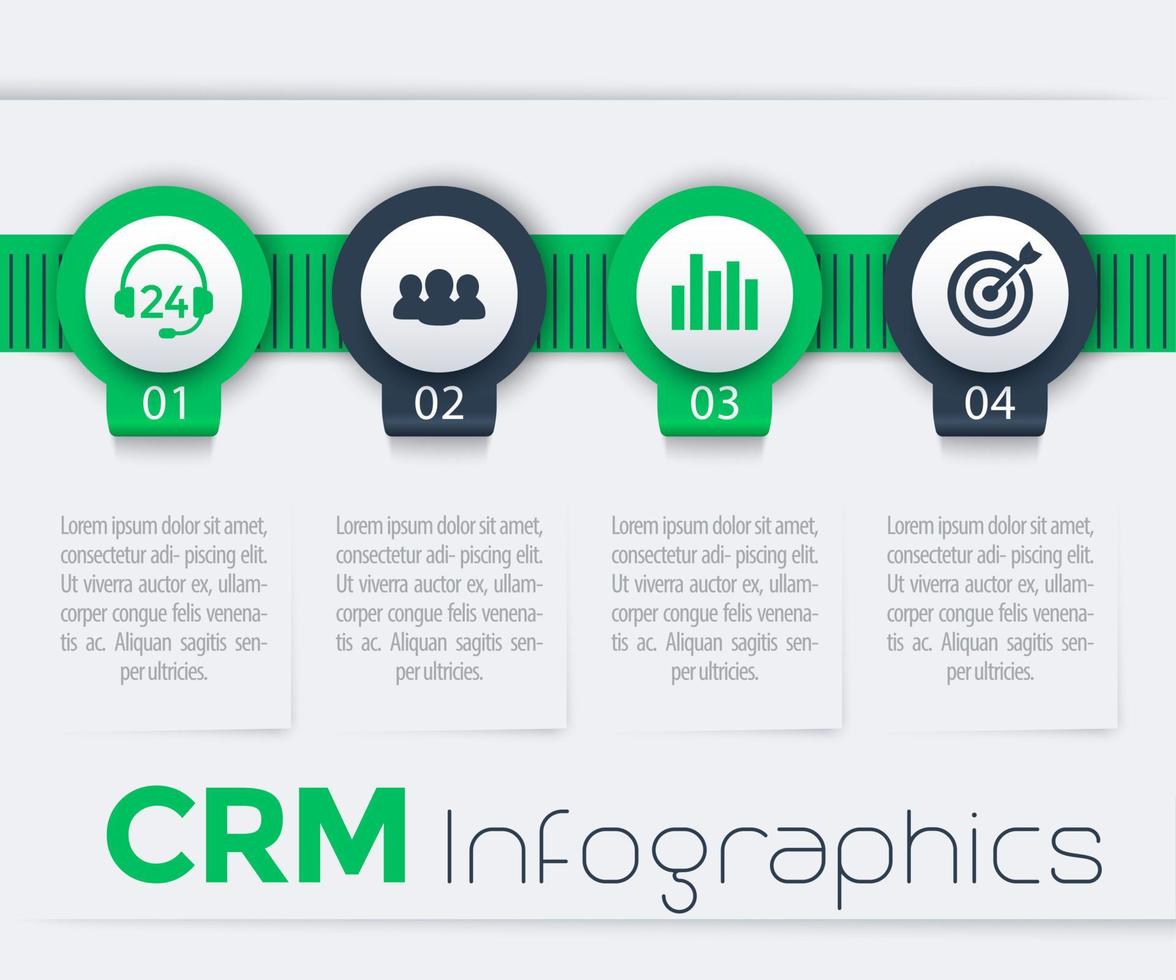CRM infographic elements, 1, 2, 3, 4 steps, timeline, report, in green and blue vector