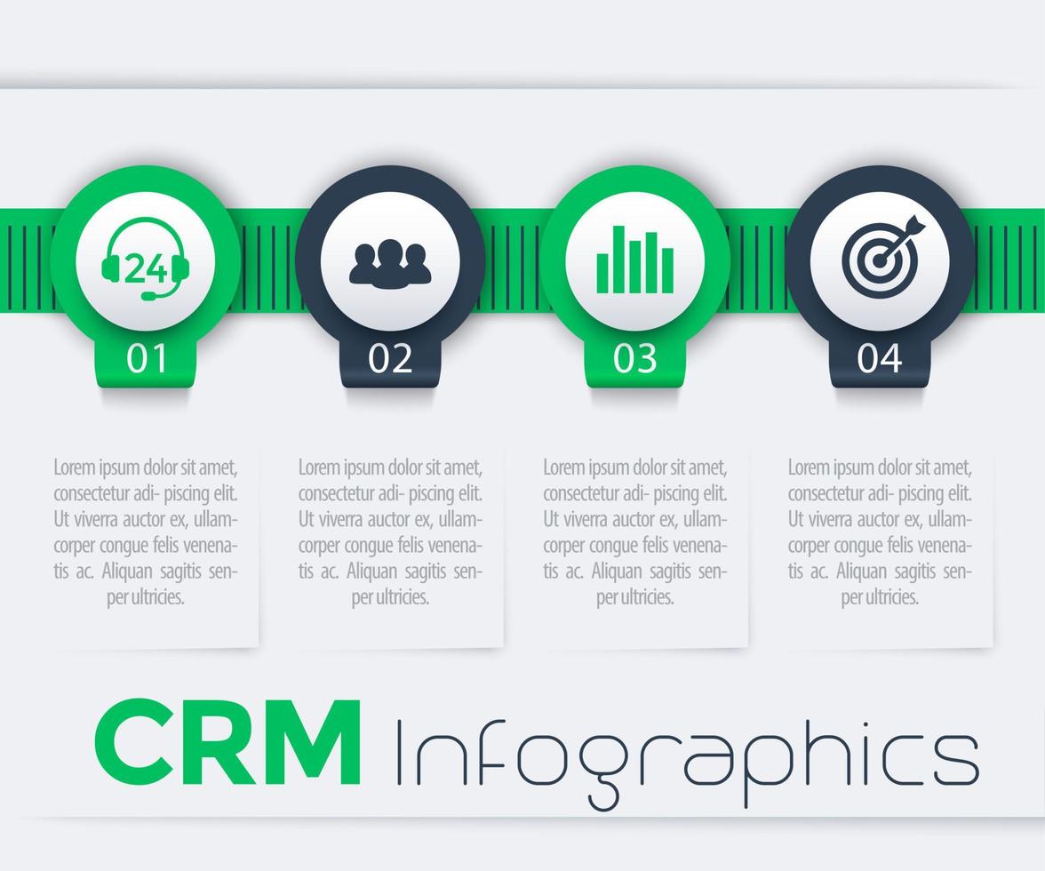 elementos infográficos de crm, 1, 2, 3, 4 pasos, cronología, informe, en verde y azul vector