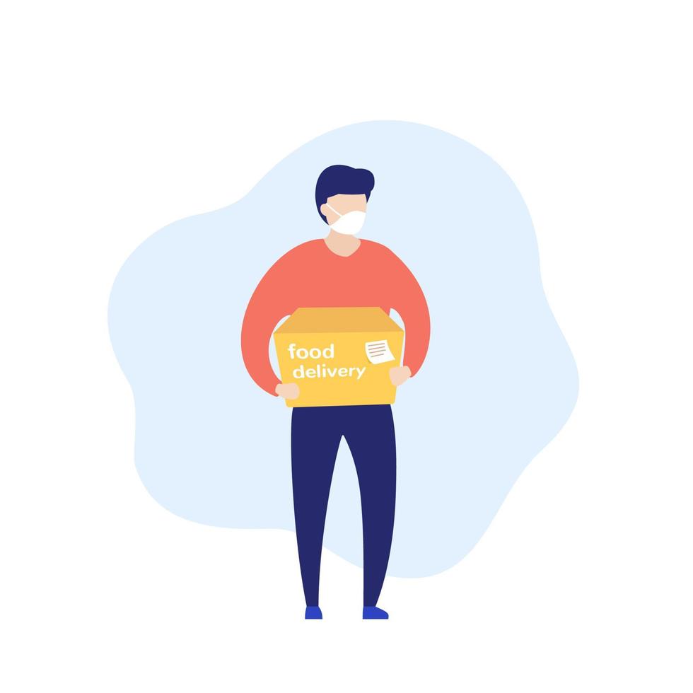 Food delivery, courier in mask with a box vector