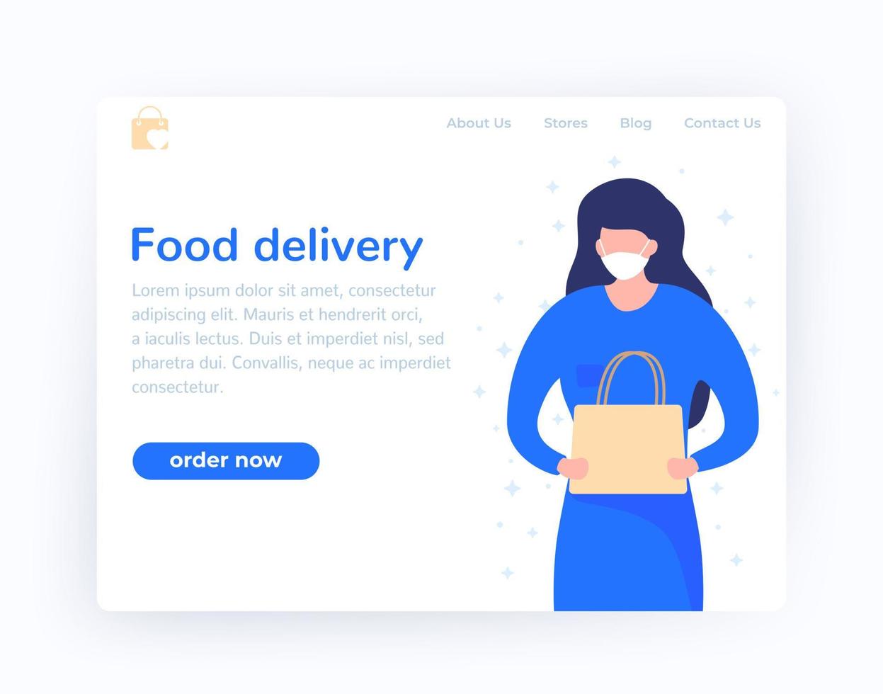 Food delivery landing page design with courier in mask vector