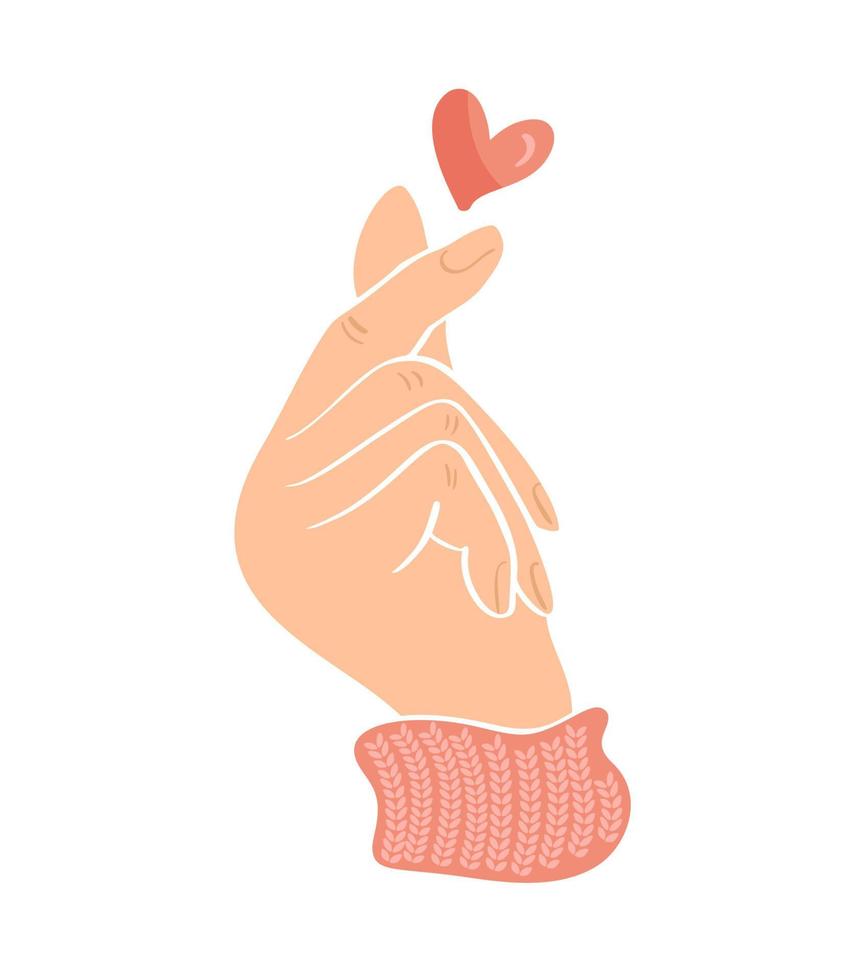 Sketch doodle of hand showing heart with fingers gesture mini love. Color Hand drawn vector illustration autumn. Love Valentine Day concept