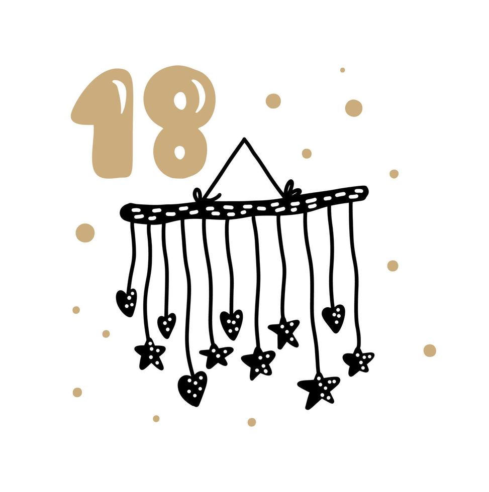 Calendario de Adviento de Navidad con lindo vector dibujado a mano escandinavo. Ilustración de invierno de corazones y estrellas nórdicos. veinticuatro días antes de las vacaciones. etno décimo octavo día