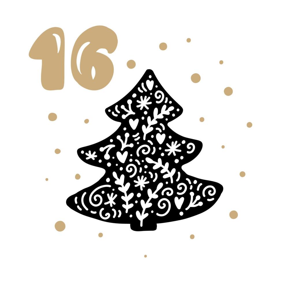 Calendario de Adviento de Navidad con lindo vector dibujado a mano escandinavo. Ilustración de invierno de abeto nórdico. veinticuatro días antes de las vacaciones. etno decimosexto día