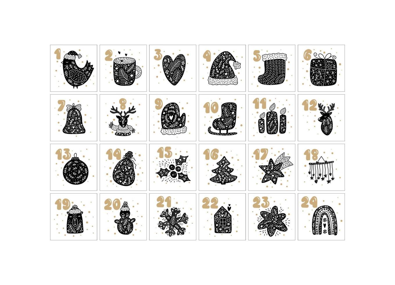 Merry Christmas vector advent scandinavian calendar with hand drawn winter nordic elements bird, mug heart hat boot, gift bell deer candles, ball star snowman house, snowflake rainbow angel