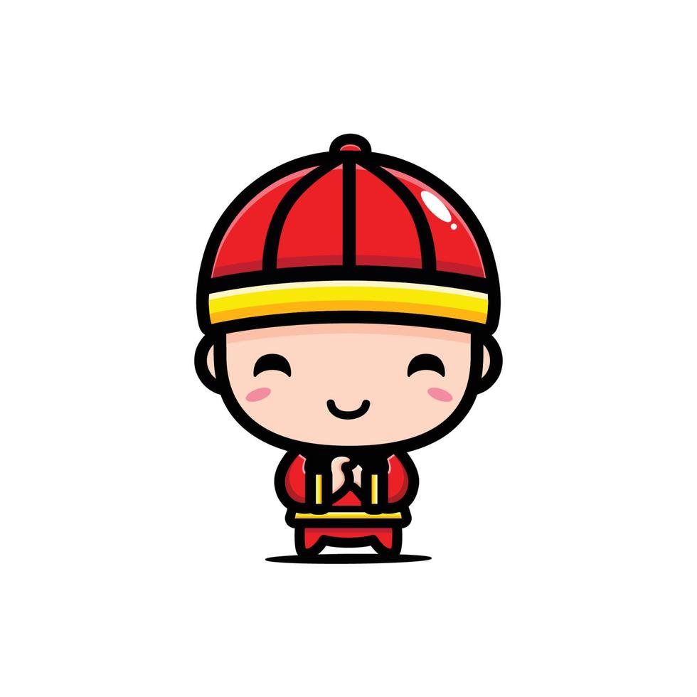 cute chinese boy giving greeting pose vector