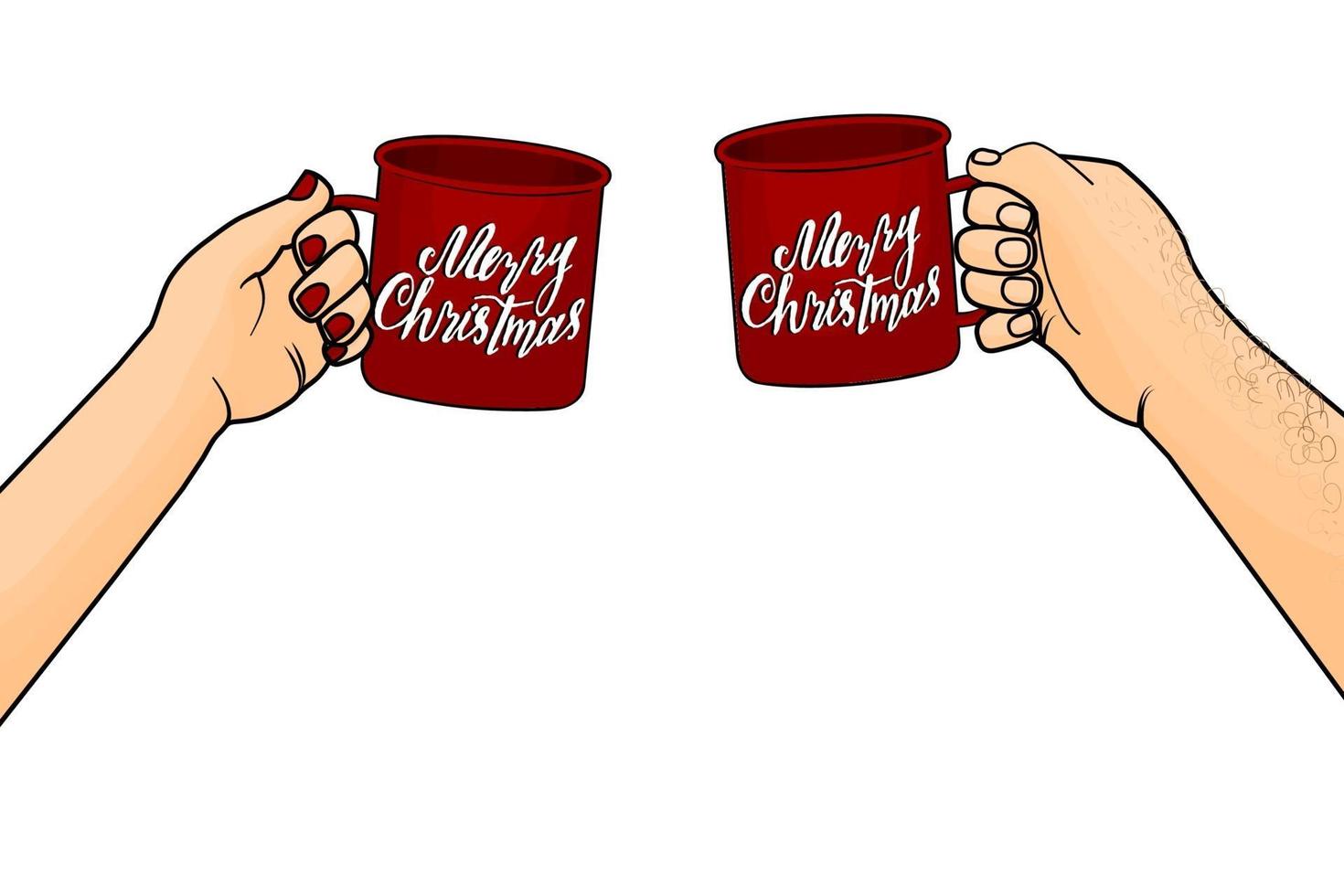 Red and White Merry Christmas cups in hands of man and woman vector