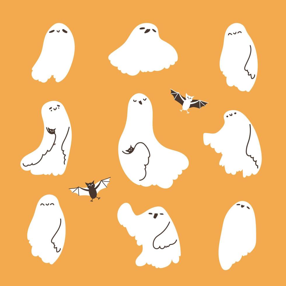 Set of Funny Ghosts with vampire bats on Halloween party. Vector illustration of isolated elements for fall design on yellow background