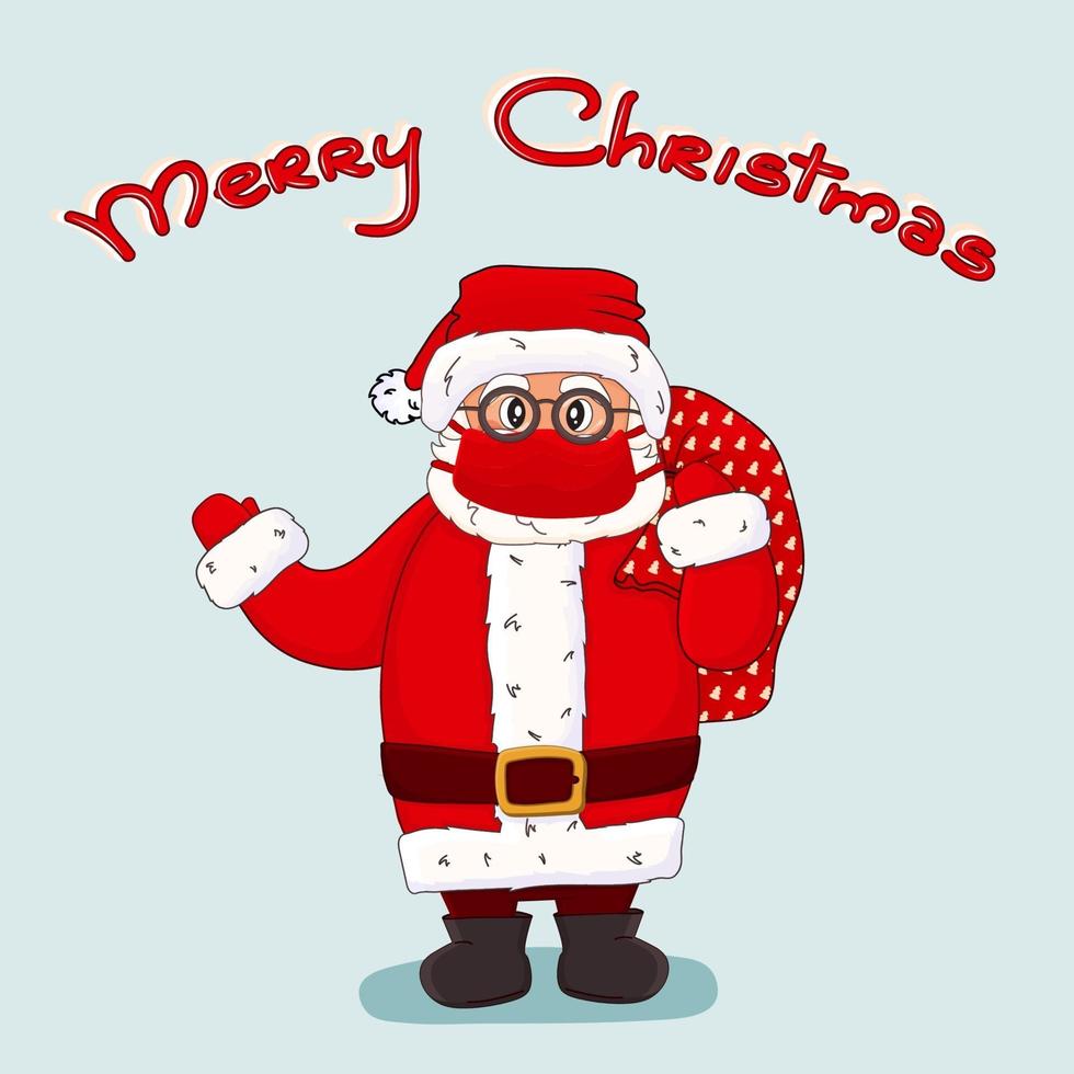 Santa Claus has mask, glasses, stands and waves his hand with red bag vector