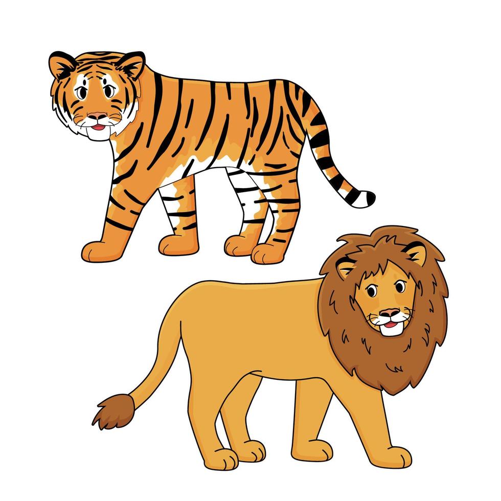 tigre y león vector animales aislados. dibujo de dibujos animados dibujados a mano sobre fondo blanco