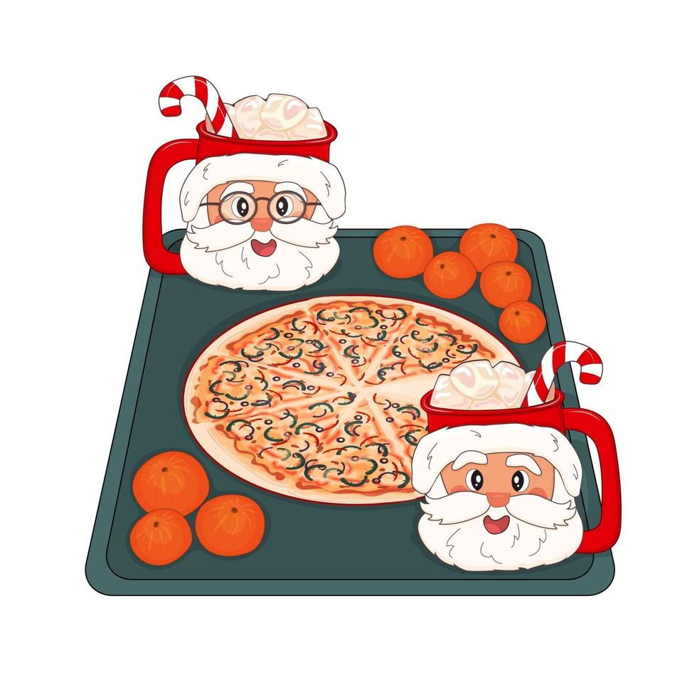 pizza navideña con tazas de cacao de santa claus, malvaviscos, bastón de caramelo vector