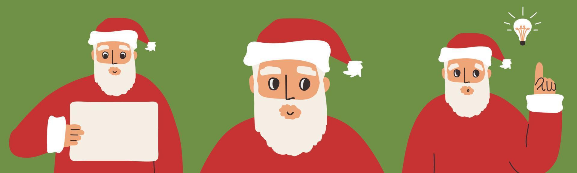 Set of Santa Claus concepts. New idea, announcement, portrait elements for Christmas design. Vector isolated illustrations on green background