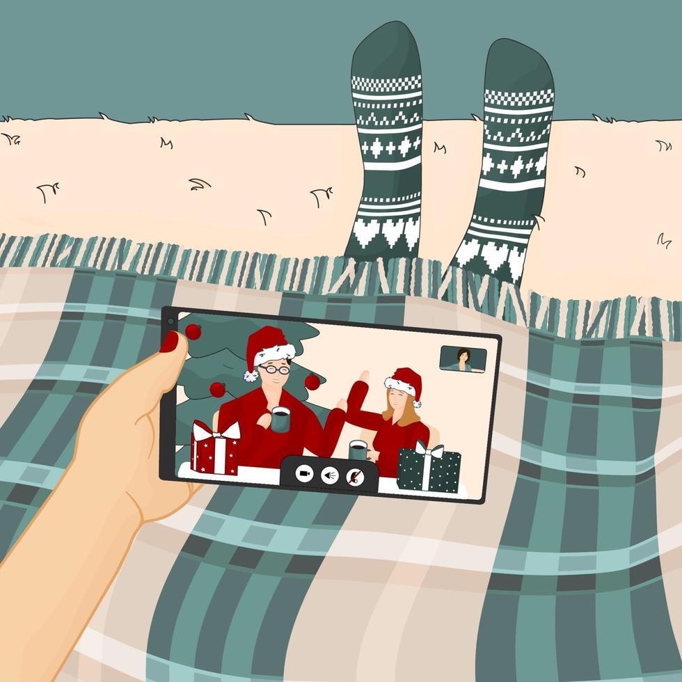 Videollamada de teléfono móvil con familiares o amigos en Navidad. vector