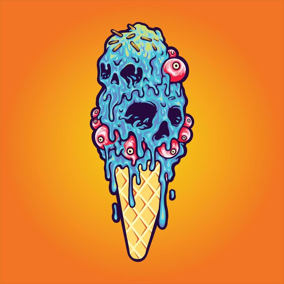 ice scream cone skull melting ilustraciones vector